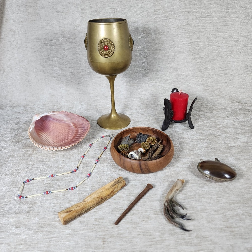 Curiosity Oddity Lot Nature Brass Goblet Coffin Nail Chicken Foot Witchy Decor
